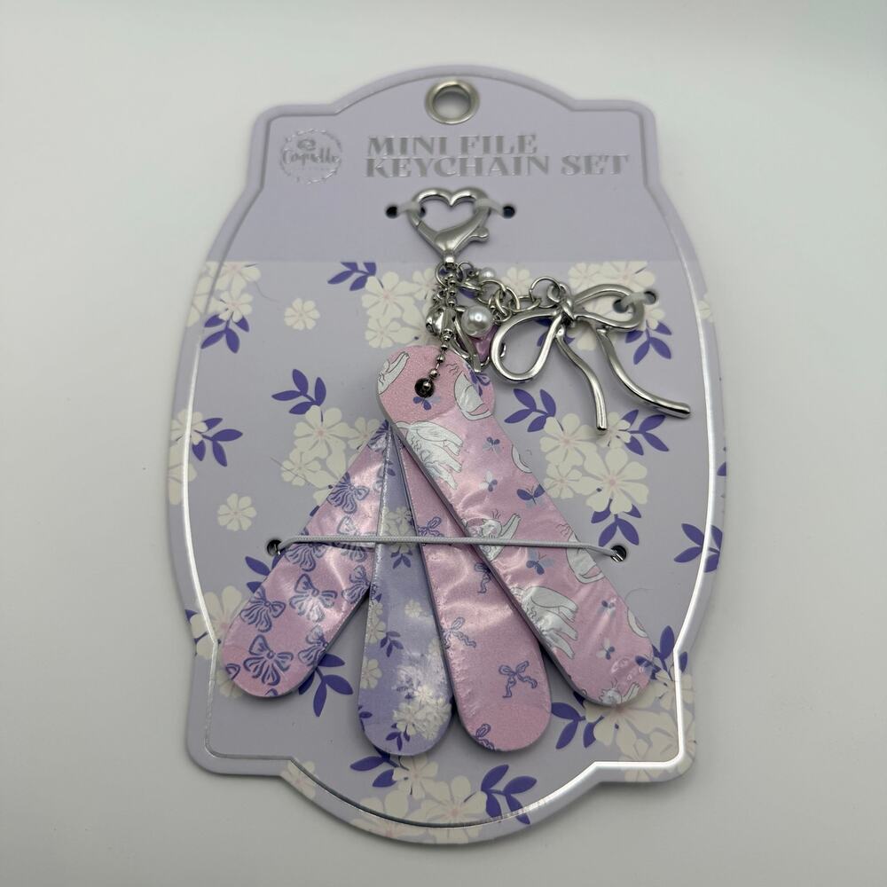 Mini Nail File Keychain Set Floral Pink Purple Bow Charm NEW